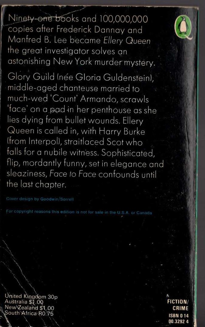 Ellery Queen  FACE TO FACE magnified rear book cover image