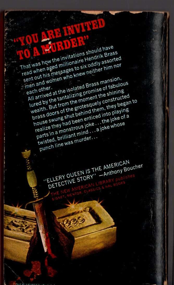 Ellery Queen  THE HOUSE OF BRASS magnified rear book cover image
