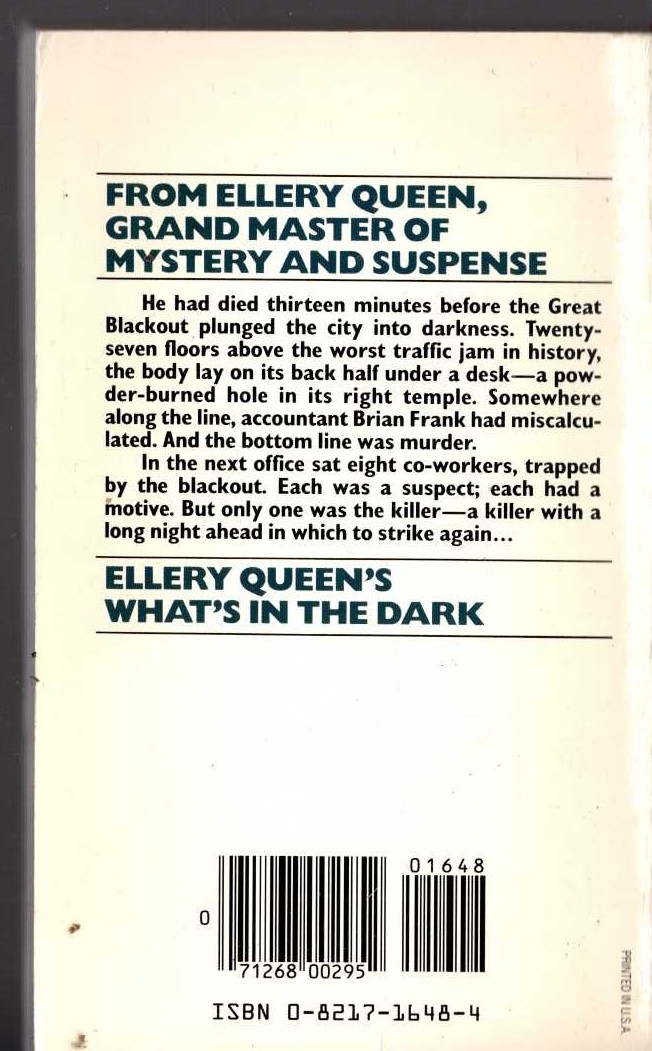 Ellery Queen  WHAT'S IN THE DARK magnified rear book cover image