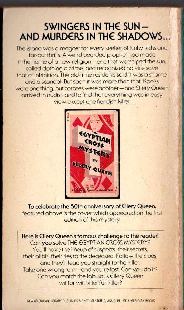 Ellery Queen  THE EGYPTIAN CROSS MYSTERY magnified rear book cover image