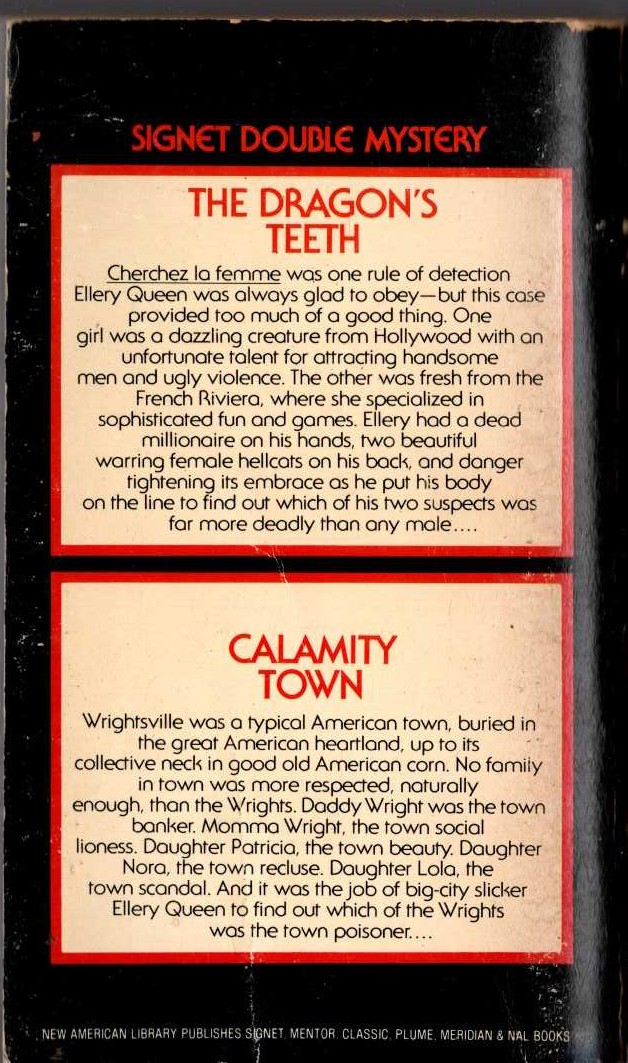 Ellery Queen  THE DRAGON'S TEETH and CALAMITY TOWN magnified rear book cover image
