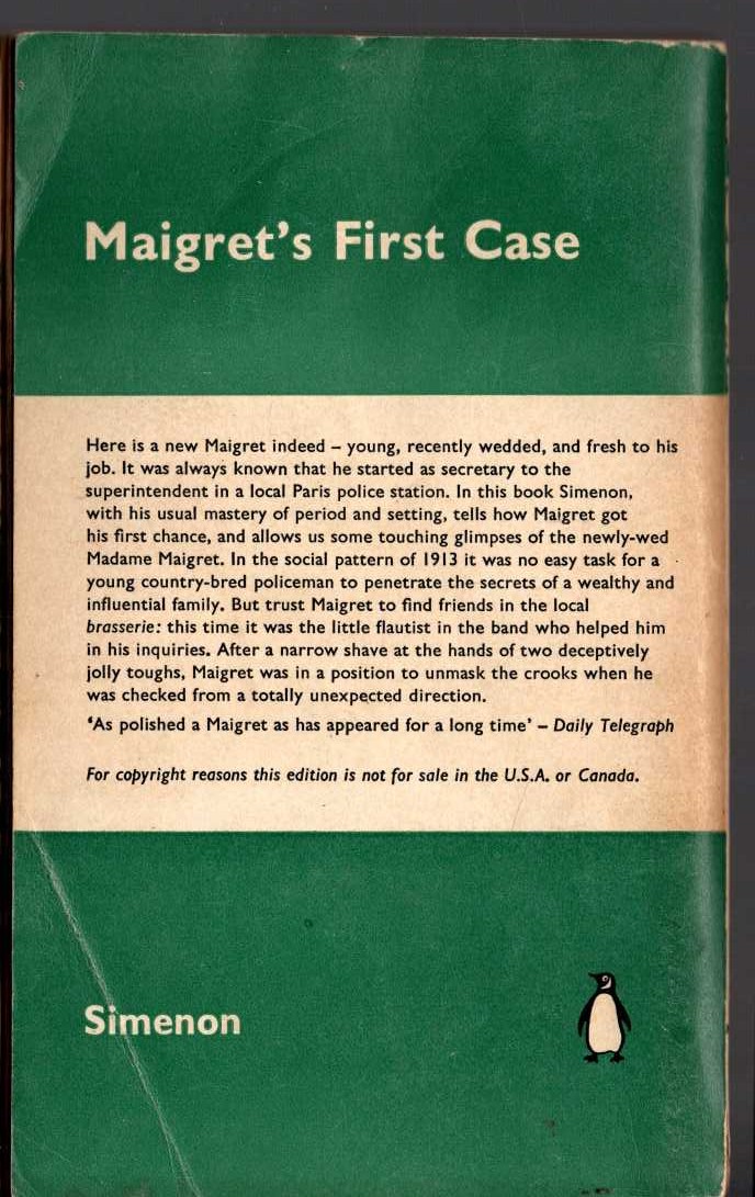 Georges Simenon  MAIGRET'S FIRST CASE magnified rear book cover image