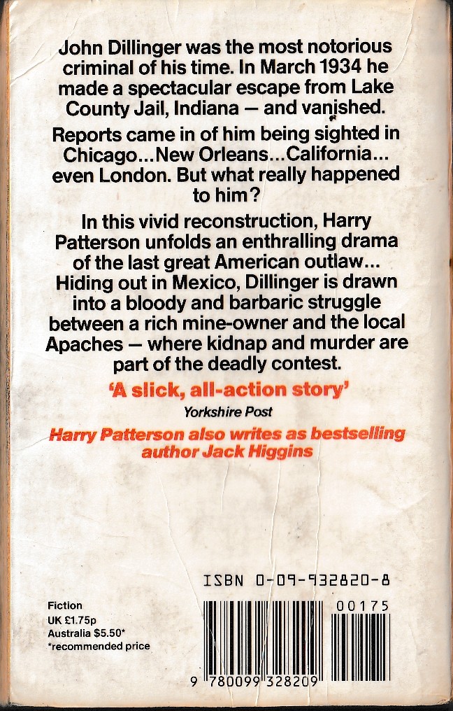 Harry Patterson  DILLINGER magnified rear book cover image