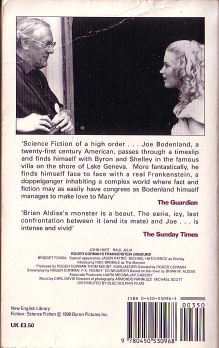 Brian Aldiss  FRANKENSTEIN UNBOUND (John Hurt, Bridget Fonda..) magnified rear book cover image