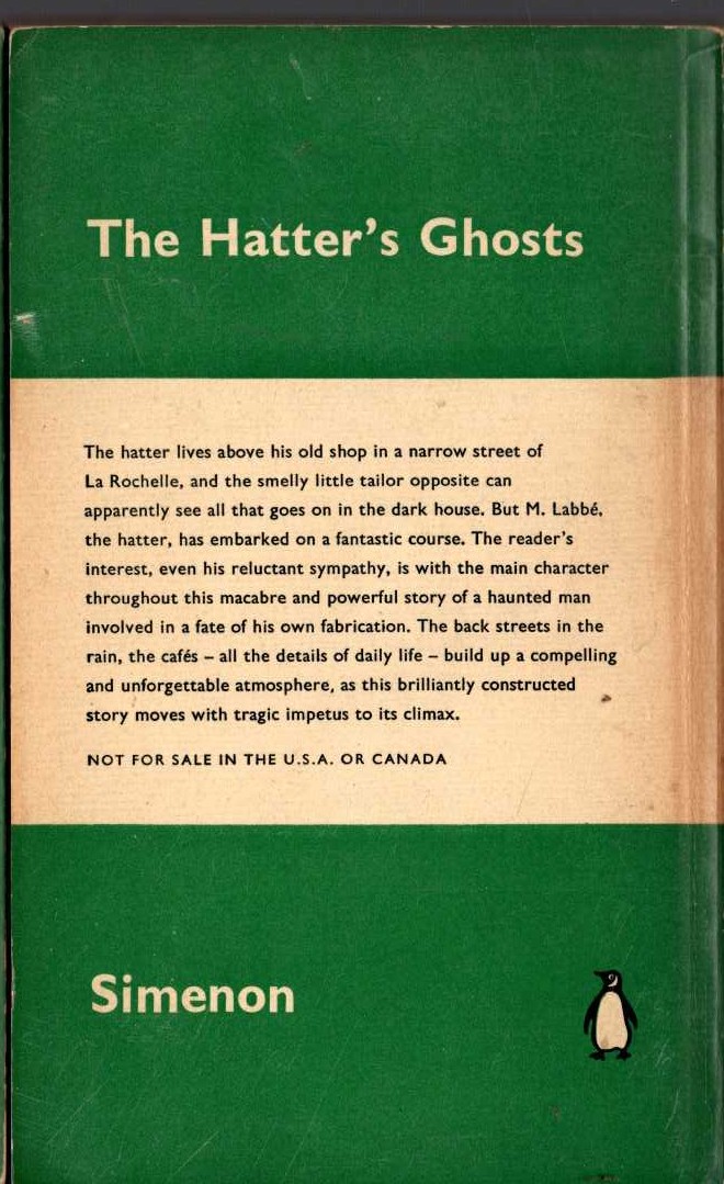 Georges Simenon  THE HATTER'S GHOST magnified rear book cover image