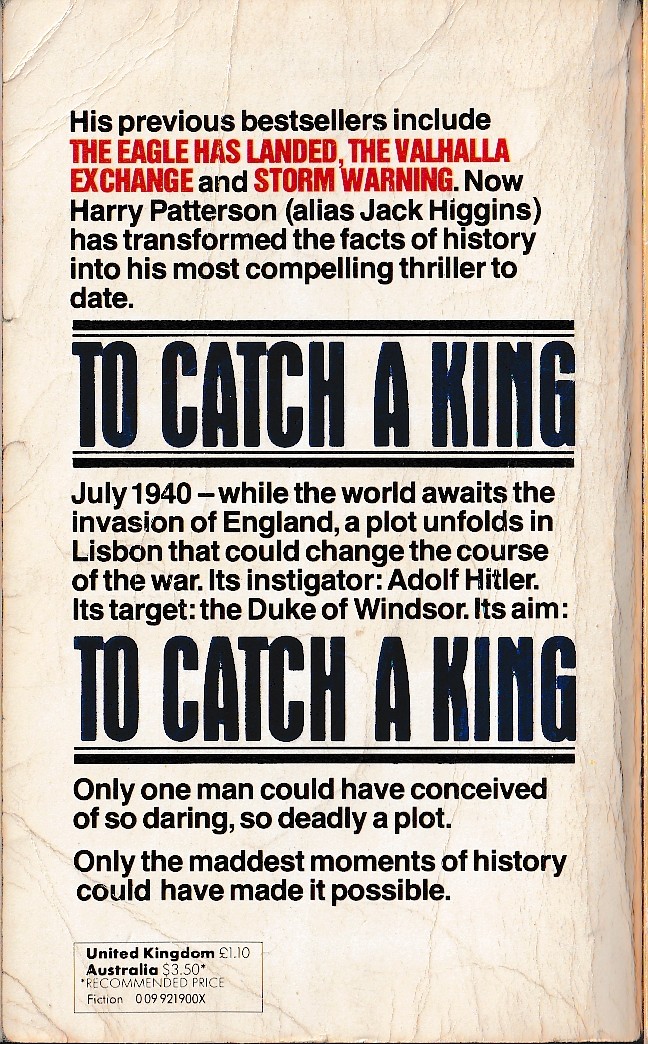 Harry Patterson  TO CATCH A KING magnified rear book cover image
