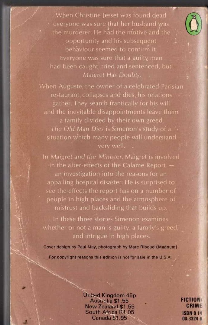 Georges Simenon  THE THIRD SIMENON OMNIBUS: MAIGRET HAS DOUBTS/ MAIGRET & THE MINISTER/ THE OLD MAN DIES magnified rear book cover image