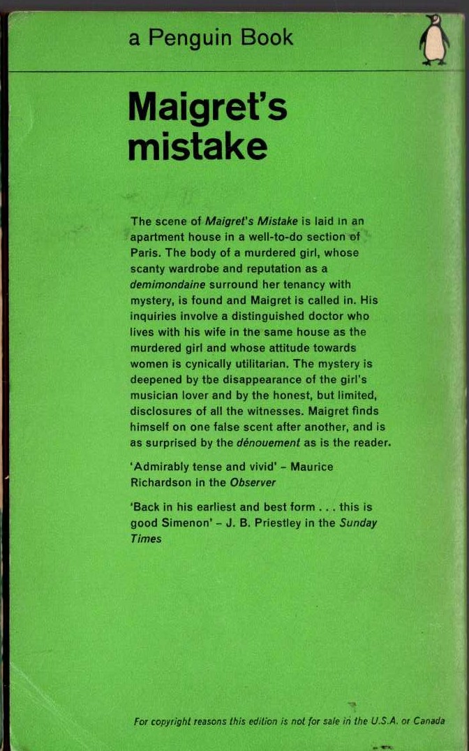 Georges Simenon  MAIGRET'S MISTAKE magnified rear book cover image