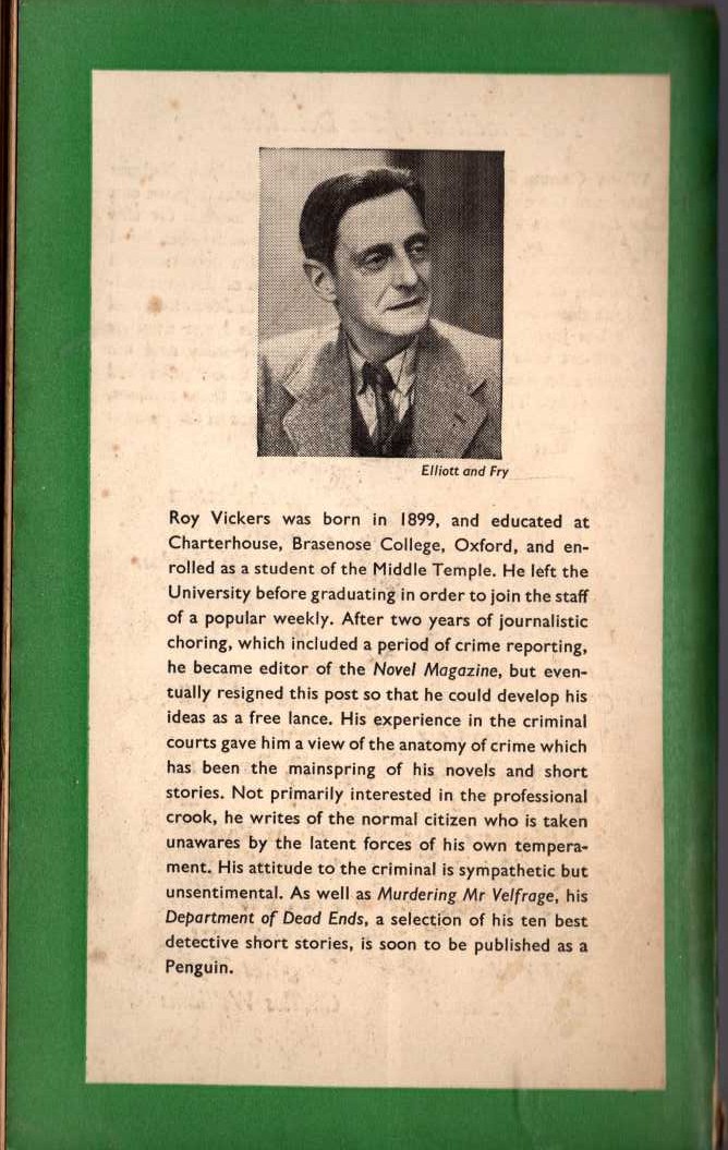 Roy Vickers  MURDERING MR VELFRAGE magnified rear book cover image