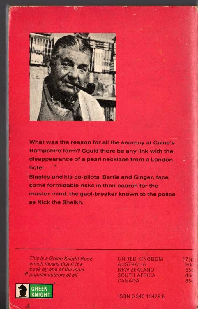 Captain W.E. Johns  BIGGLES IN THE UNDERWORLD magnified rear book cover image