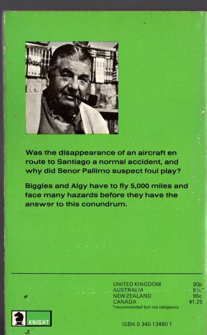 Captain W.E. Johns  BIGGLES AND THE LITTLE GREEN GOD magnified rear book cover image