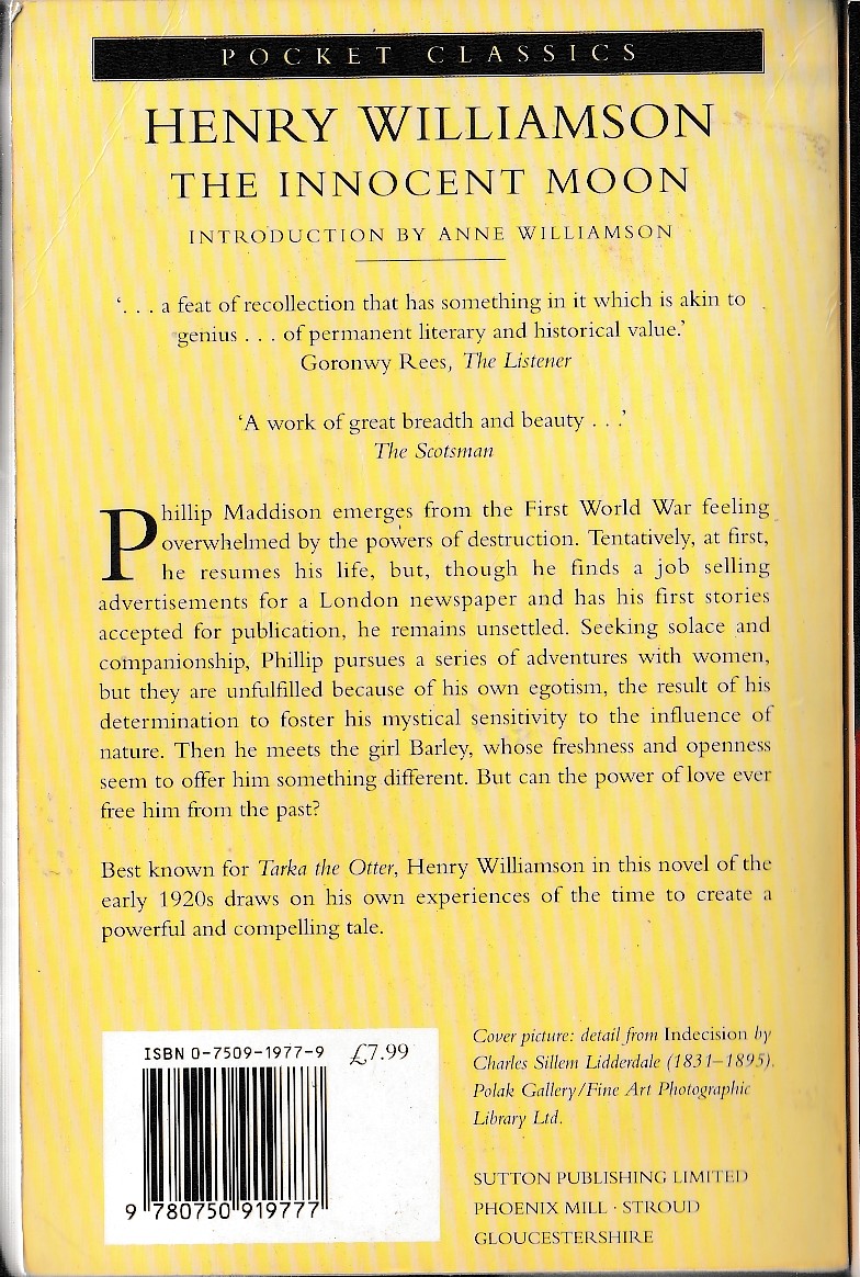 Henry Williamson  THE INNOCENT MOON magnified rear book cover image