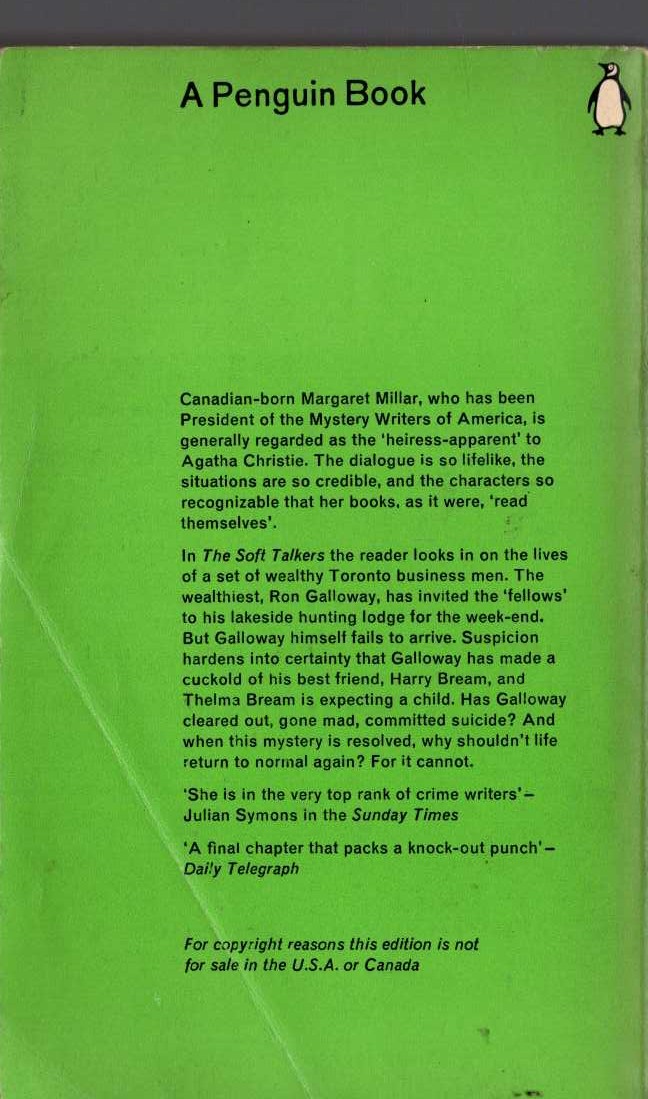 Margaret Millar  THE SOFT TALKERS magnified rear book cover image