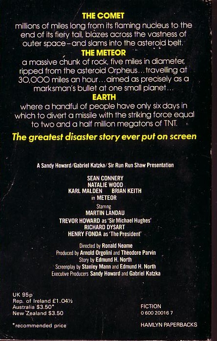 Edmund H. North  METEOR (Sean Connery) magnified rear book cover image
