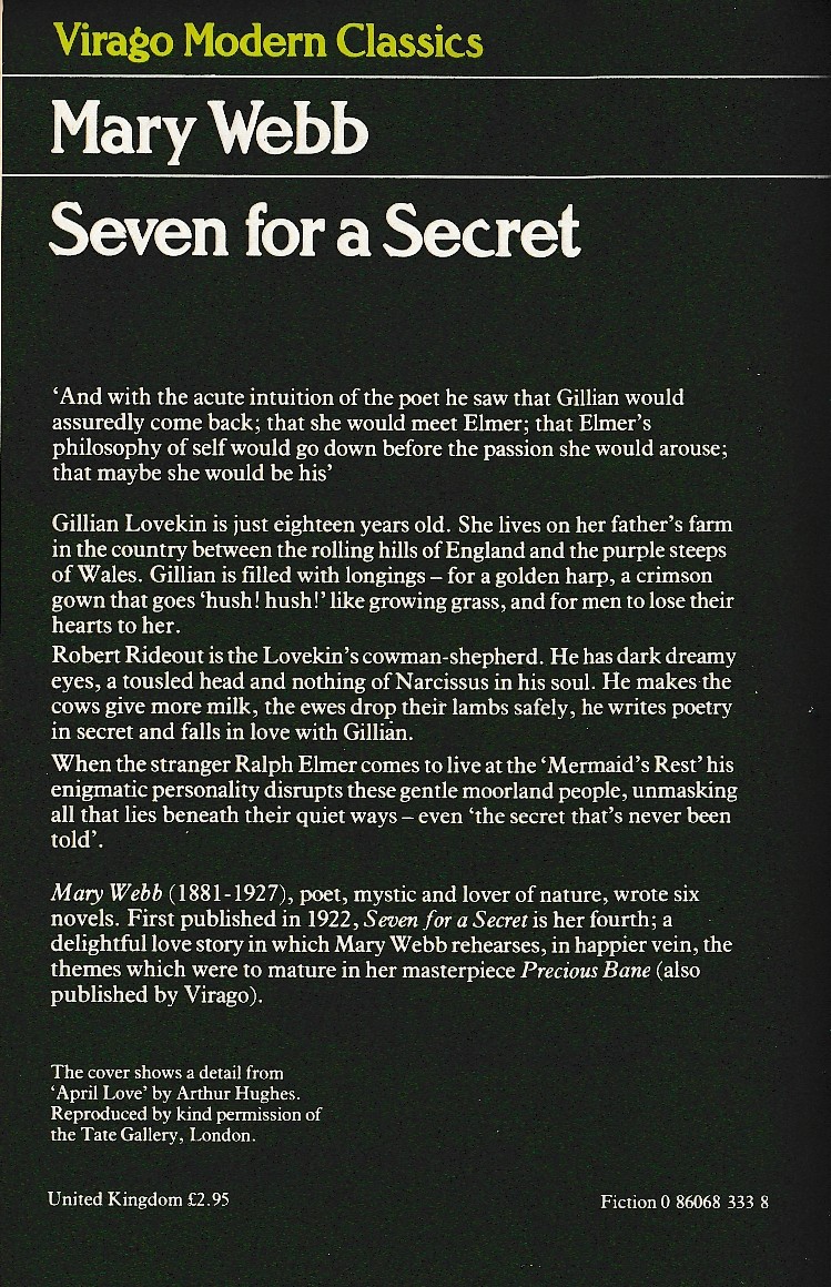 Mary Webb  SEVEN FOR A SECRET magnified rear book cover image