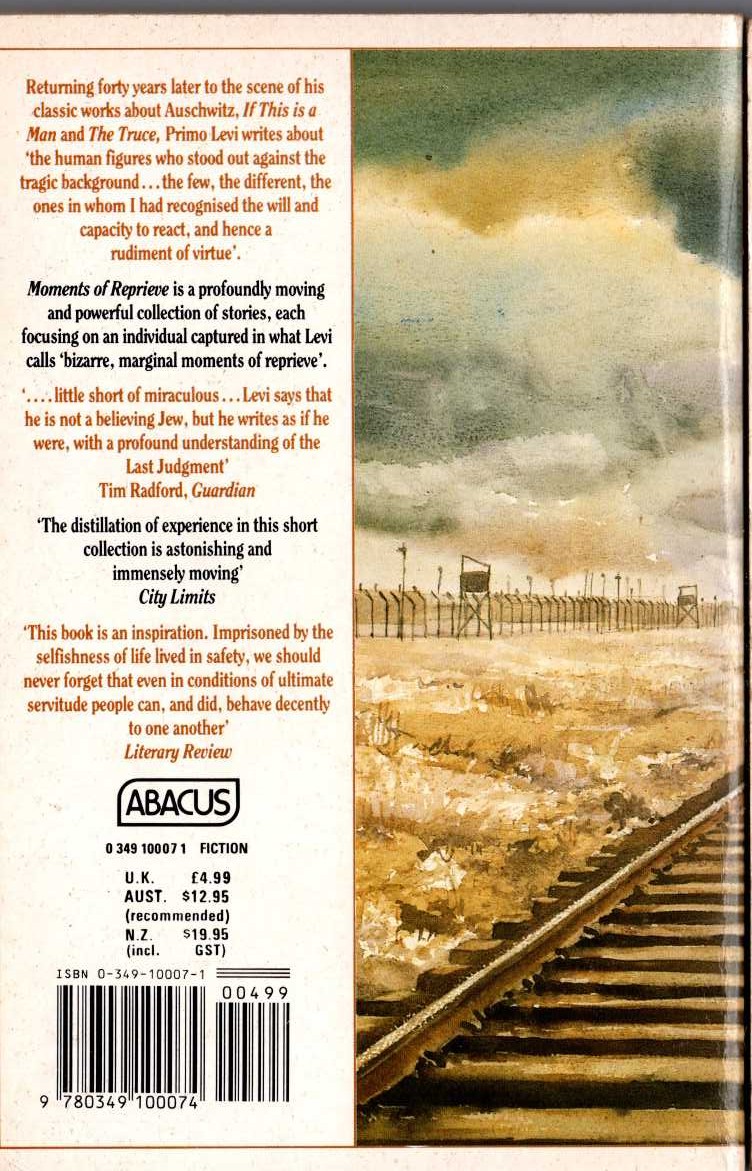 Primo Levi  MOMENTS OF REPRIEVE magnified rear book cover image