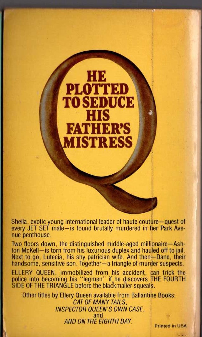 Ellery Queen  THE FOURTH SIDE OF THE TRIANGLE magnified rear book cover image