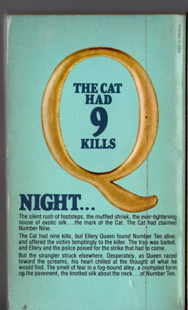 Ellery Queen  CAT OF MANY TAILS magnified rear book cover image