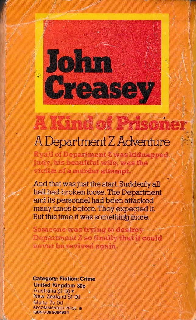 John Creasey  A KIND OF PRISONER (Department 'Z') magnified rear book cover image
