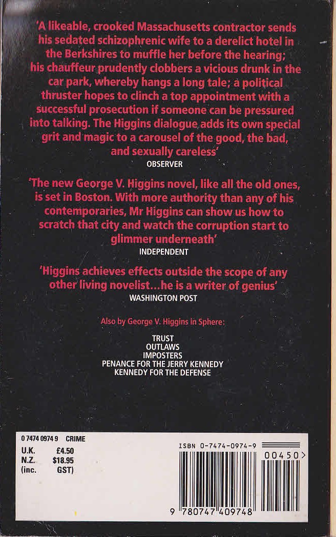 George V. Higgins  WONDERFUL YEARS, WONDERFUL YEARS magnified rear book cover image