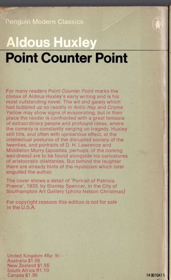 Aldous Huxley  POINT COUNTER POINT magnified rear book cover image