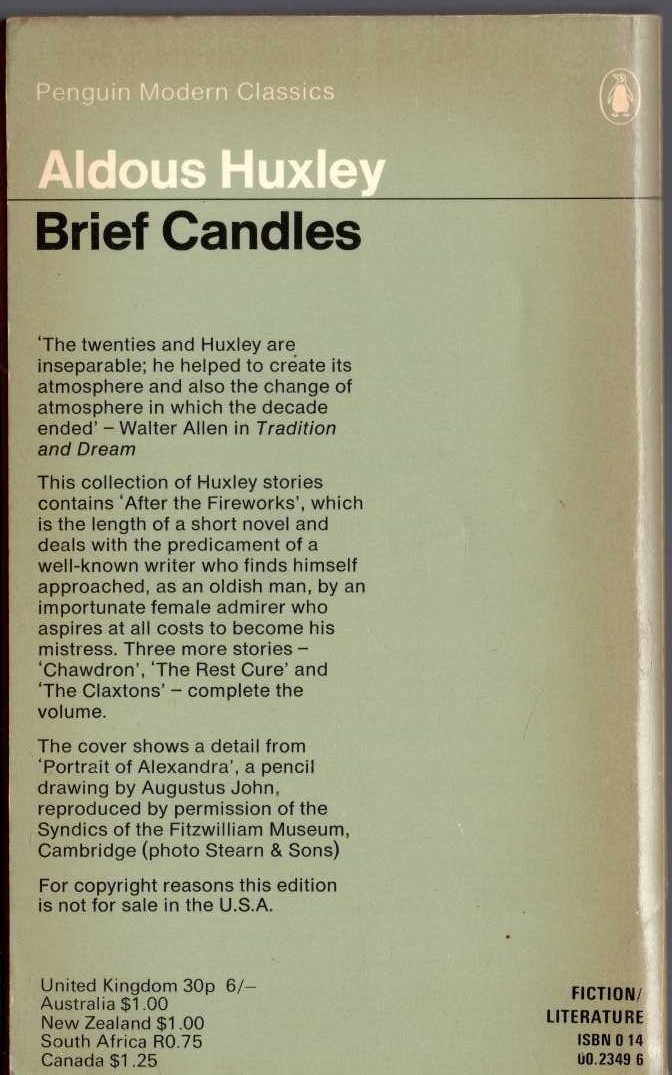 Aldous Huxley  BRIEF CANDLES magnified rear book cover image