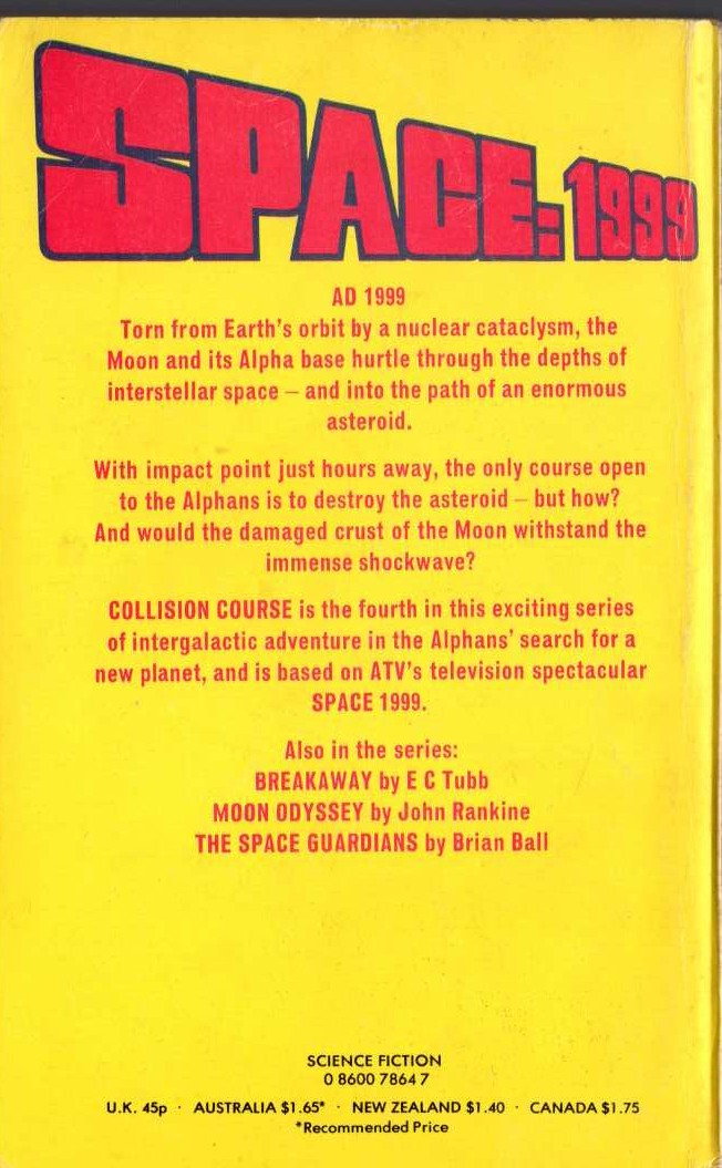 E.C. Tubb  SPACE 1999: COLLISION COURSE (TV tie-in) magnified rear book cover image
