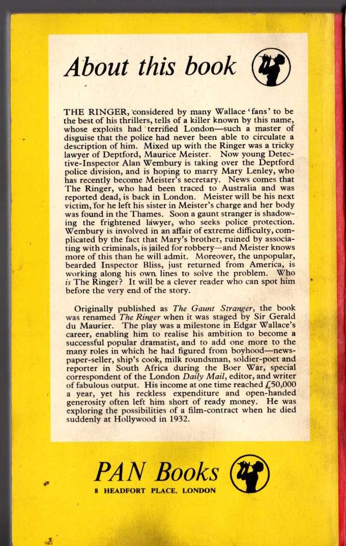 Edgar Wallace  THE RINGER magnified rear book cover image