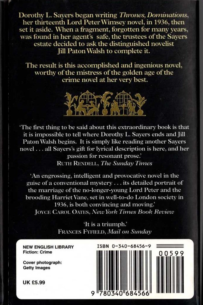 Dorothy L. Sayers  THRONES, DOMINATIONS magnified rear book cover image