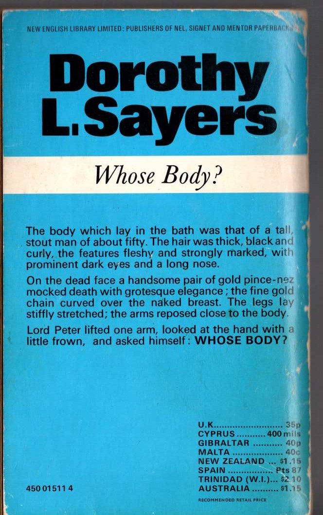 Dorothy L. Sayers  WHOSE BODY? magnified rear book cover image