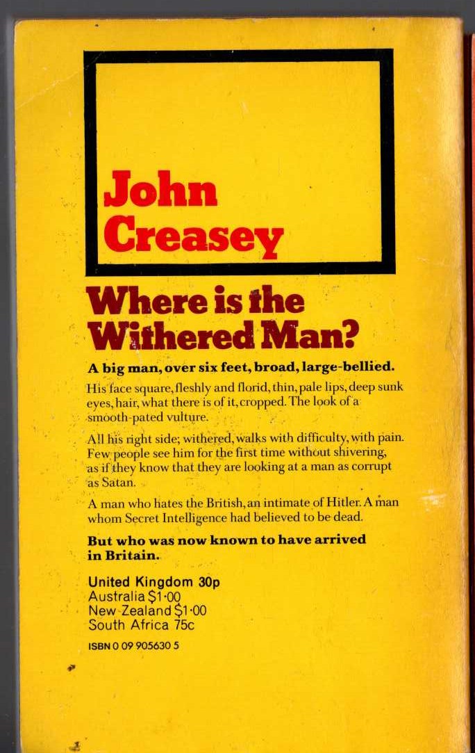 John Creasey  WHERE IS THE WITHERED MAN? magnified rear book cover image