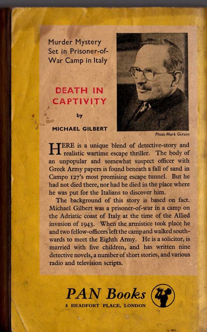Michael Gilbert  DEATH IN CAPTIVITY magnified rear book cover image