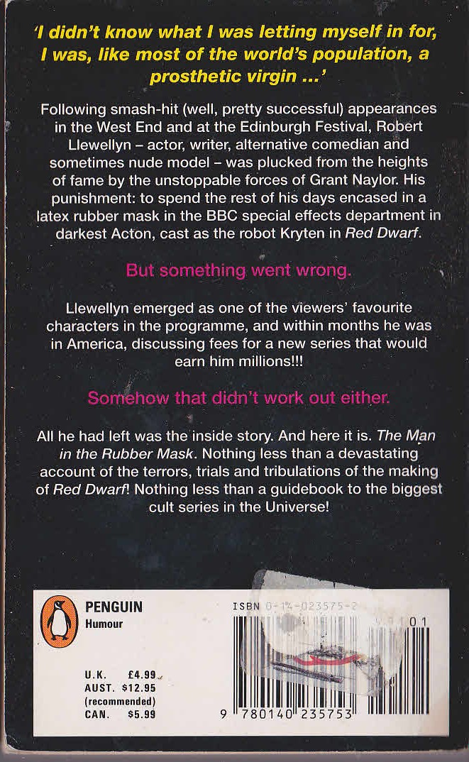 Robert Llewellyn  THE MAN IN THE RUBBER MASK magnified rear book cover image