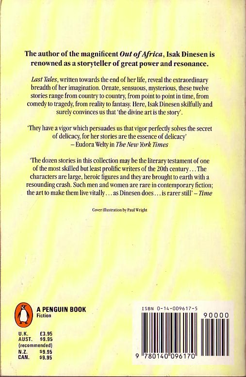 Isak Dinesen  LAST TALES magnified rear book cover image
