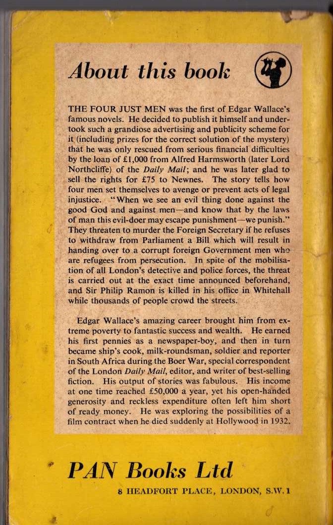 Edgar Wallace  THE FOUR JUST MEN magnified rear book cover image