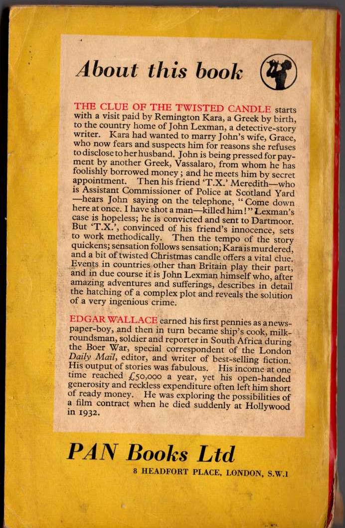Edgar Wallace  THE CLUE OF THE TWISTED CANDLE magnified rear book cover image