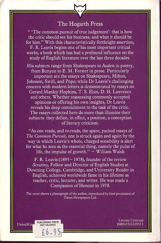 F_R_ Leavis
  THE COMMON PURSUIT  Hogarth 1984 rear cover image
