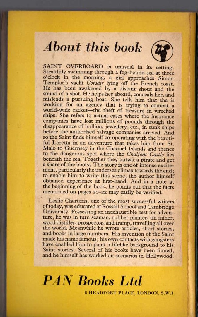 Leslie Charteris  SAINT OVERBOARD magnified rear book cover image