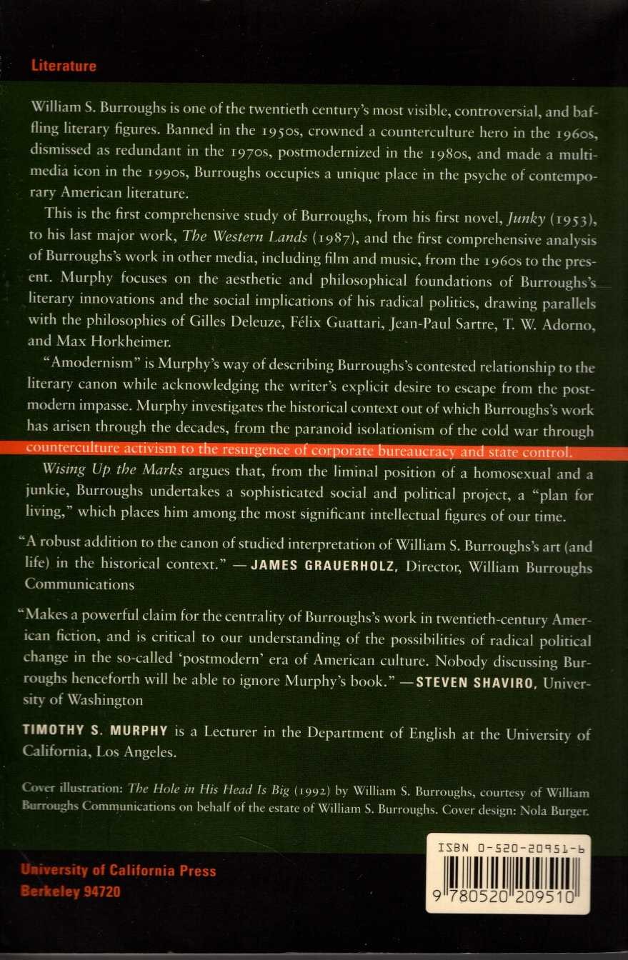 (Timothy S.Murphy) WISING UP THE MARKS. The Amodern William Burroughs magnified rear book cover image