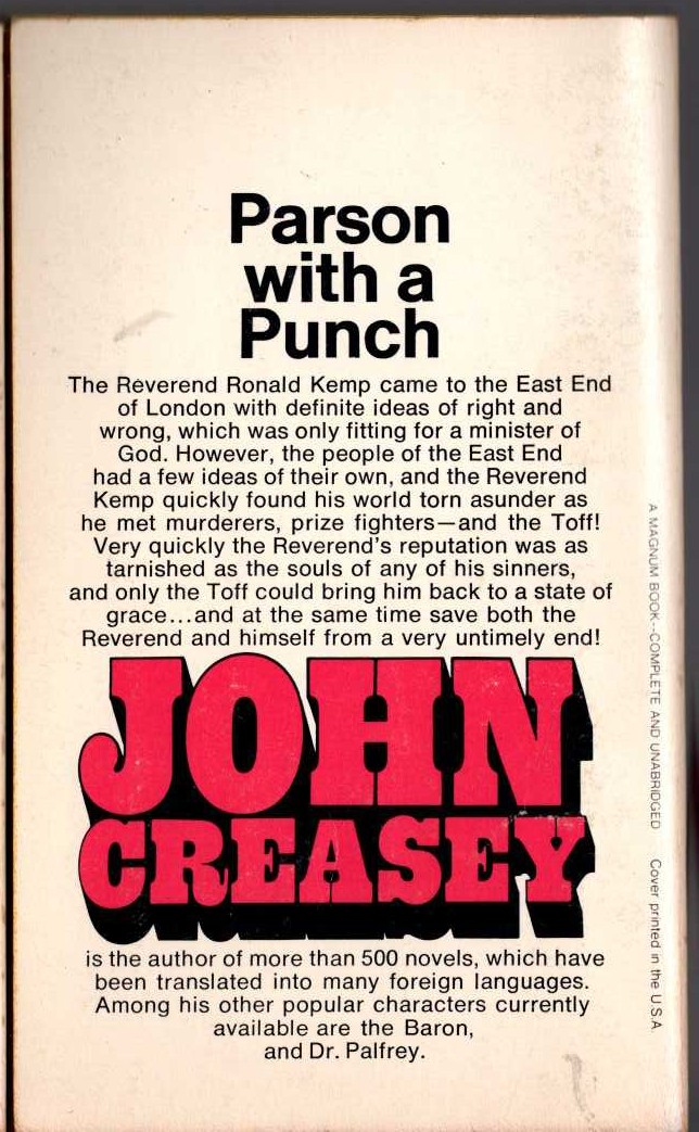 John Creasey  THE TOFF AND THE DEADLY PARSON magnified rear book cover image