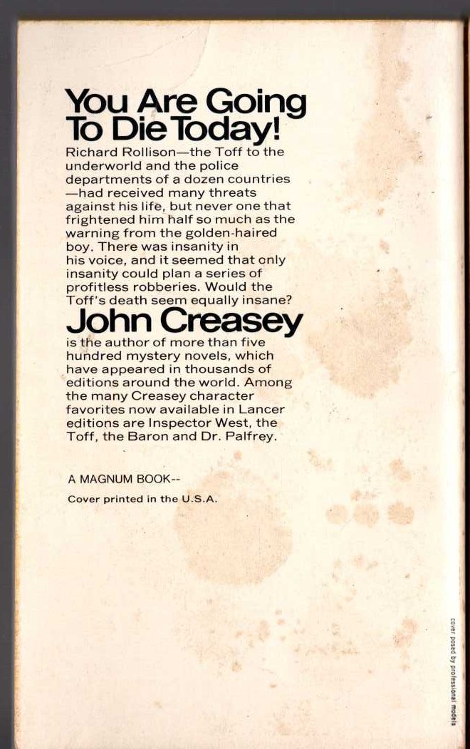John Creasey  THE TOFF AND THE GOLDEN BOY magnified rear book cover image