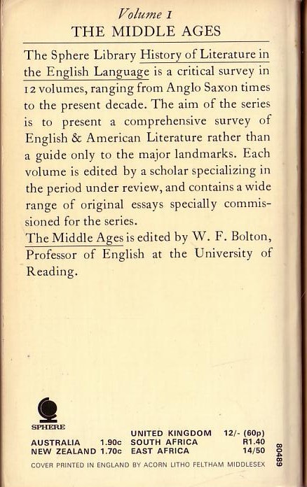 W.F. Bolton (Edits) SPHERE HISTORY OF LITERATURE IN THE ENGLISH LANGUAGE. Volume 1: THE MIDDLE AGES magnified rear book cover image