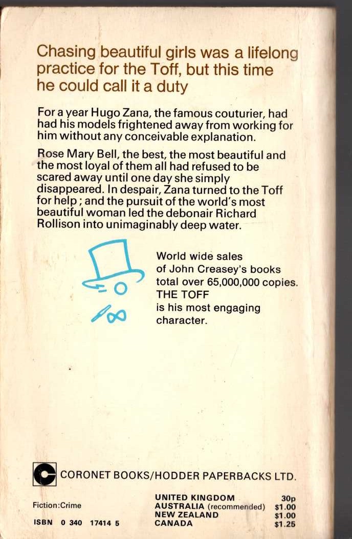 John Creasey  MODEL FOR THE TOFF magnified rear book cover image
