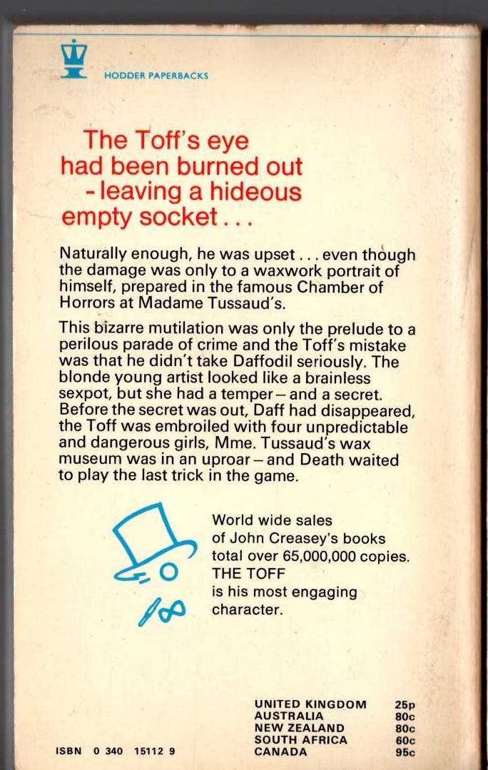 John Creasey  THE TOFF IN WAX magnified rear book cover image