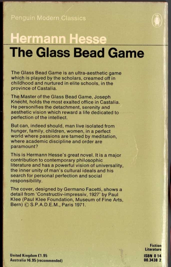 Hermann Hesse  THE GLASS BEAD GAME magnified rear book cover image