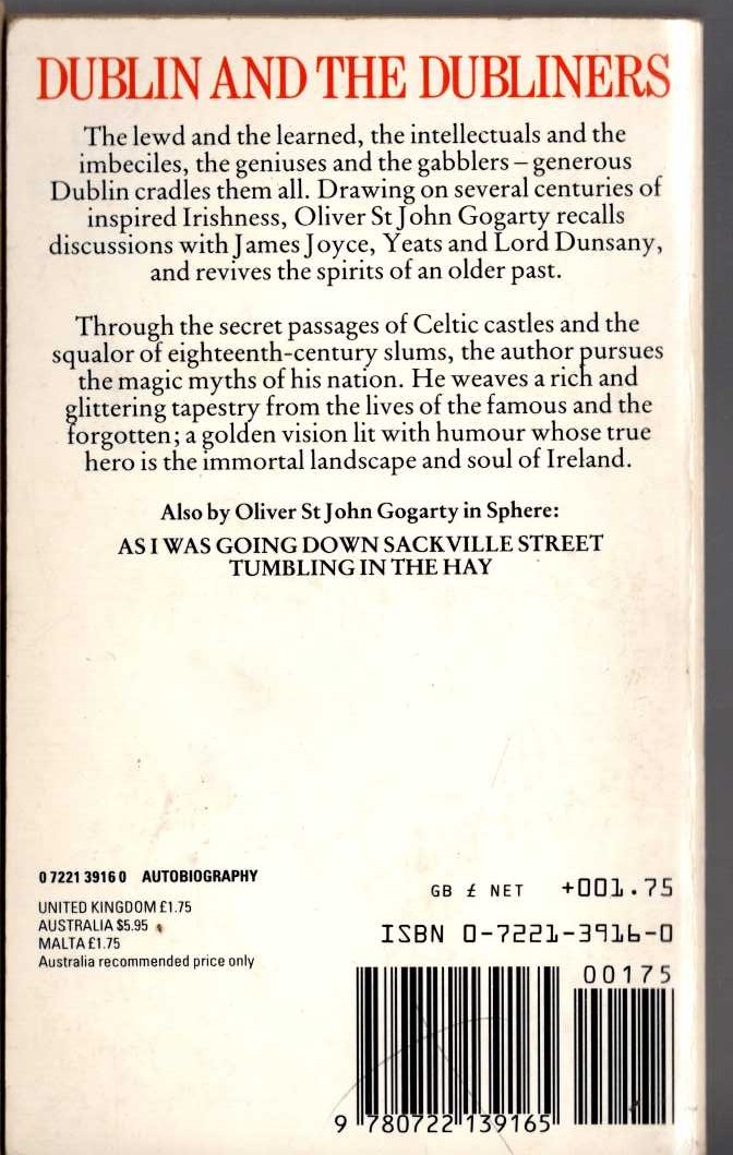 Oliver St.John Gogarty  ROLLING DOWN THE LEA magnified rear book cover image