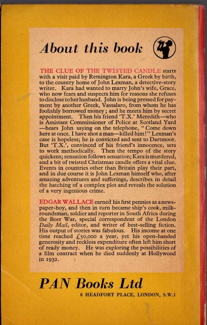 Edgar Wallace  THE CLUE OF THE TWISTED CANDLE magnified rear book cover image