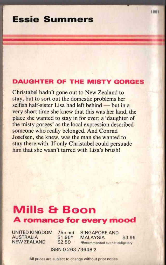 Essie Summers  DAUGHTER OF THE MISTY GORGES magnified rear book cover image