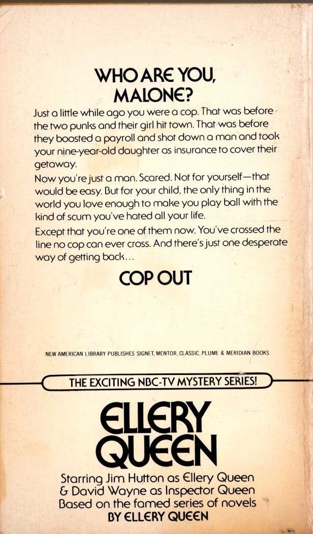 Ellery Queen  COP OUT magnified rear book cover image