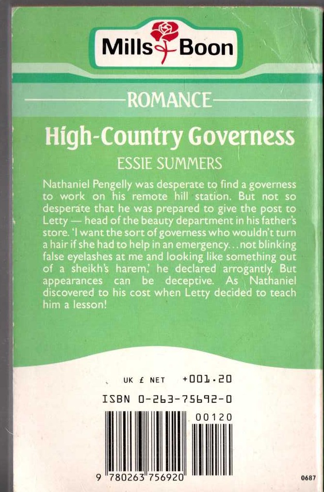 Essie Summers  HIGH-COUNTRY GOVERNESS magnified rear book cover image